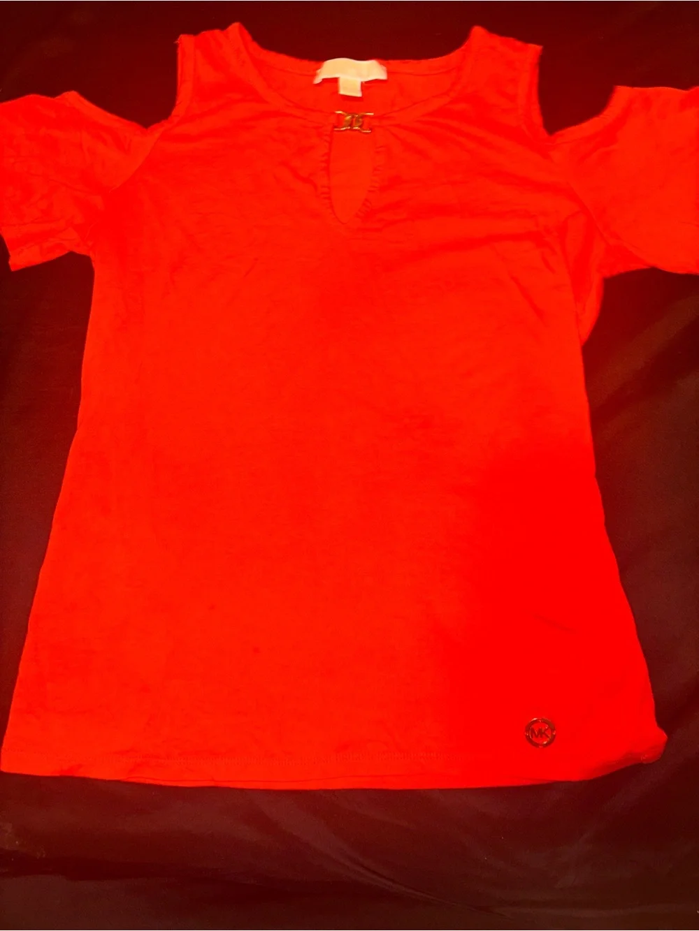 Michael Kors Red Cold-Shoulder Short Sleeve Tee with Keyhole